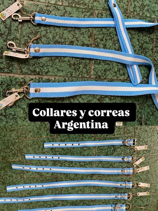 Collares y correas con la bandera argentina, hechos por Lujaneritos